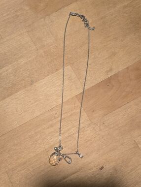 Fossil Silver-Tone Necklace with Amber Faceted Teardrop and Crystal Accent